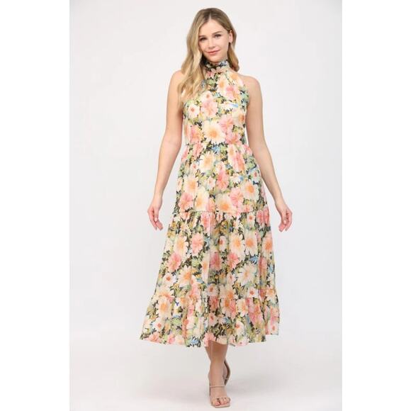Fate Tropical Floral Halter Tie Back Tiered Midi Dress Women's Small Resort Airy - Picture 1 of 14